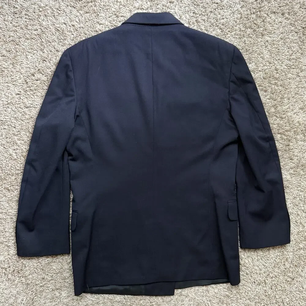 Vintage Oscar de la Renta Double Breasted 42R Navy Blue Wool Gold Button Blazer